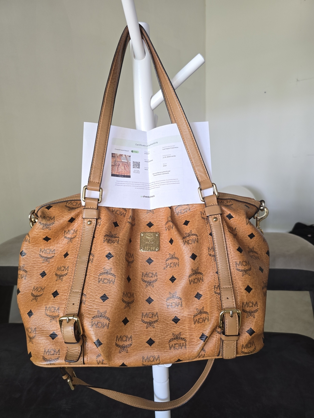 Authentic MCM Cognac Visetos Hobo Shoulder Bag Z55186 Crossbody Strap CheckCheck